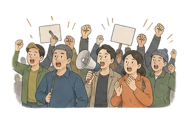 用一个主体和一个核心动作清晰表现“喧嚣，嘈杂声；大声要求”