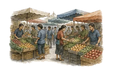 用一个主体和一个核心动作清晰表现“市场；集市；销售；推销”