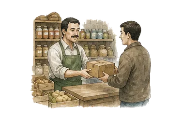 用一个主体和一个核心动作清晰表现“商人；店主”