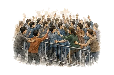 用一个主体和一个核心动作清晰表现“暴民，乌合之众；蜂拥围住”