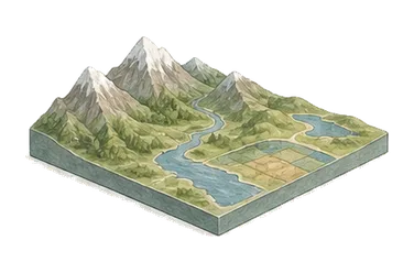 用一个主体和一个核心动作清晰表现“地形；地貌；地形学”