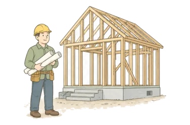 戴安全帽的承包商拿着卷起的建筑图纸，身旁是一座正在施工的小房子